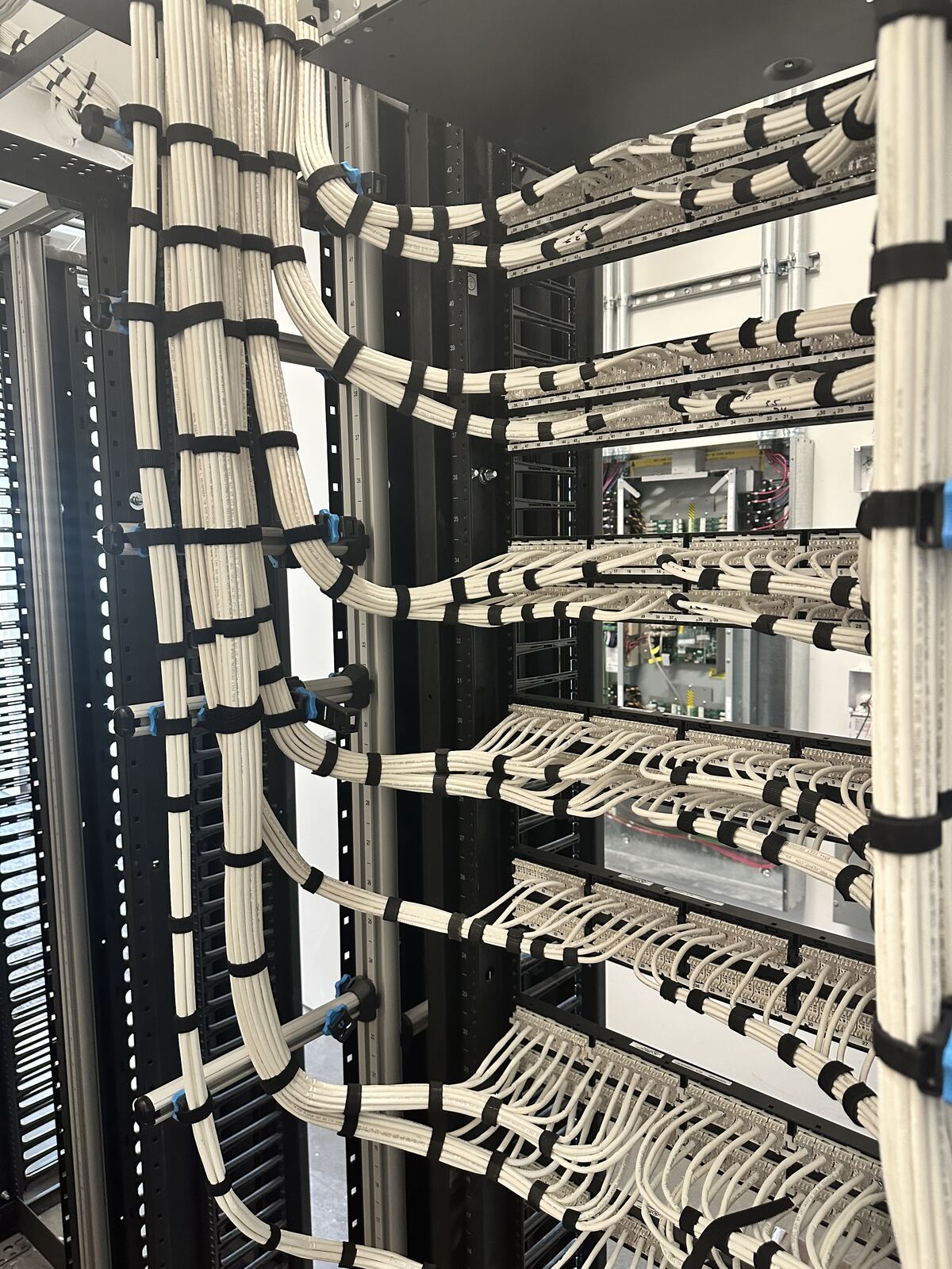 Labeled cable runs terminated into patch panels